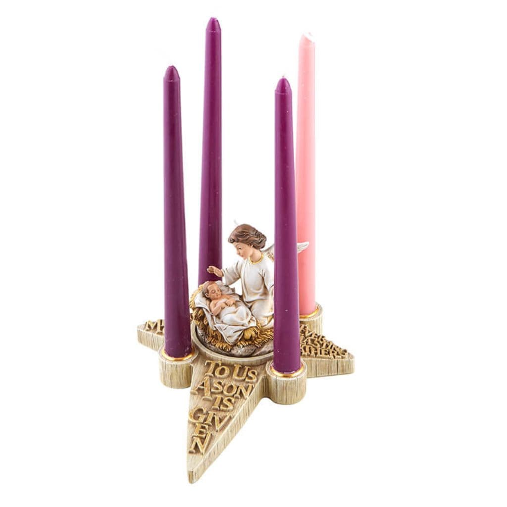 Child Jesus and Angel Advent candle holder presents an artfully crafted depiction of the Joseph, Mary, Christ Child and Angel with Candles