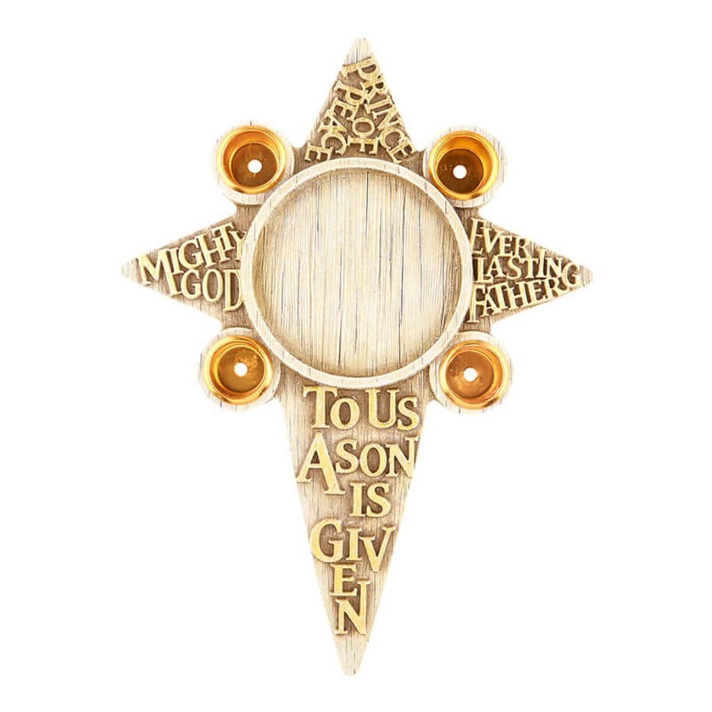 Bottom of the Child Jesus and Angel Advent candle holder presents an artfully crafted depiction of the Joseph, Mary, Christ Child and Angel,