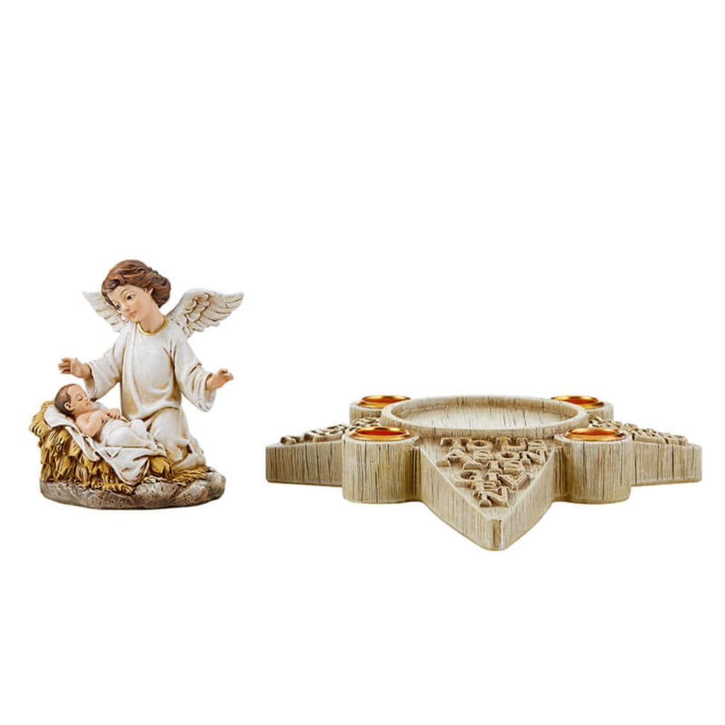 Two piece Child Jesus and Angel Advent candle holder presents an artfully crafted depiction of the Joseph, Mary, Christ Child and Angel,