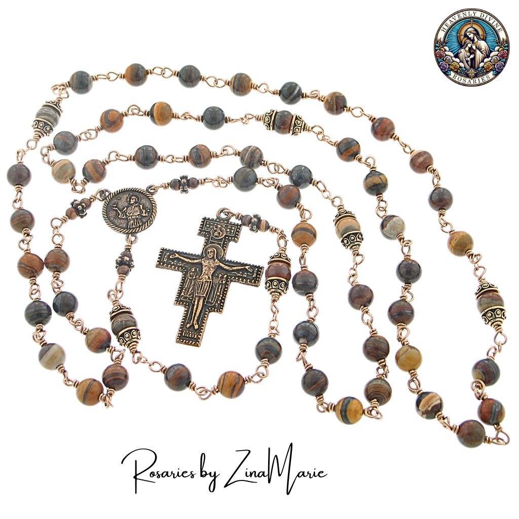 Franciscan St Francis of Assisi Bronze Jupiter Brown Jasper Wire-Wrapped Rosary, Bronze San Damiano crucifix with prayer on back and St. Francis of Assisi centerpiece and Jupiter brown jasper beads, by Zina Marie Rosaries