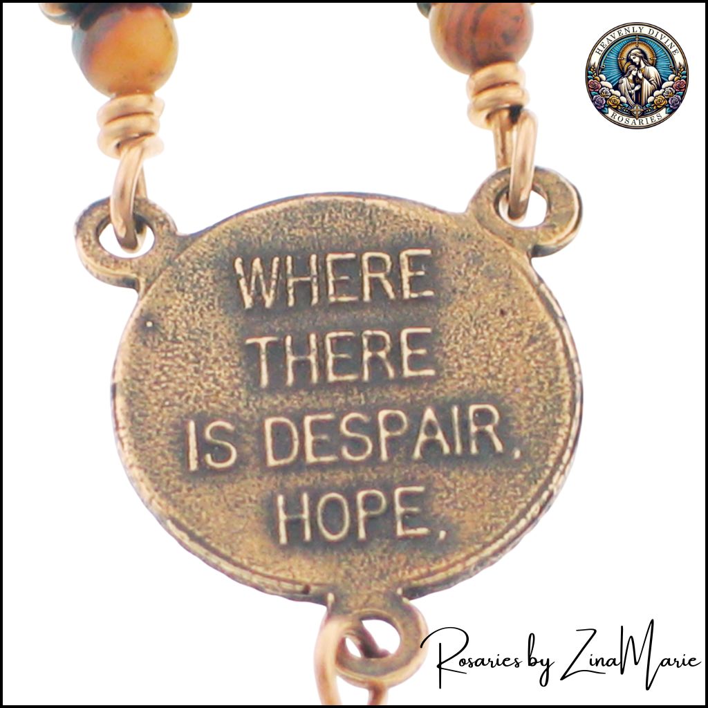 Back of Franciscan St. Francis of Assisi centerpiece for the Bronze Jupiter Brown Jasper Wire-Wrapped Rosary, by Zina Marie Rosaries.