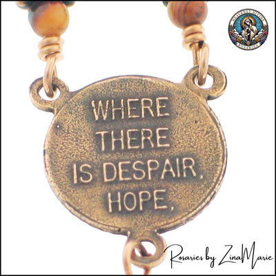 Back of Franciscan St. Francis of Assisi centerpiece for the Bronze Jupiter Brown Jasper Wire-Wrapped Rosary, by Zina Marie Rosaries