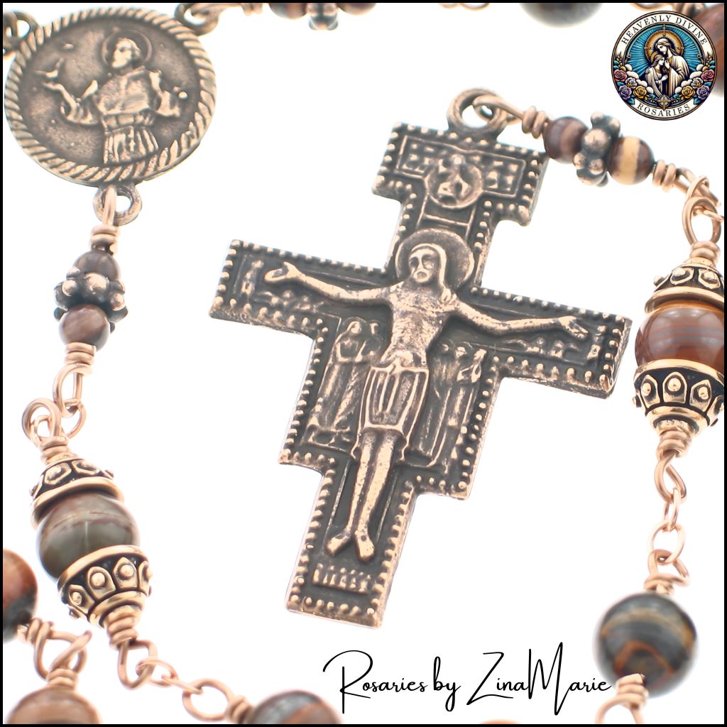 Franciscan St Francis of Assisi Bronze Jupiter Brown Jasper Wire-Wrapped Rosary, Bronze San Damiano crucifix with prayer on back and St. Francis of Assisi centerpiece.