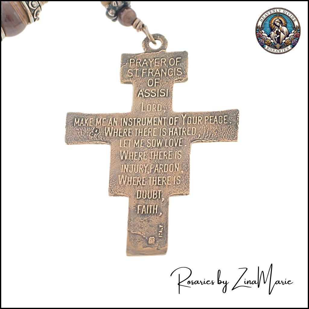 Back of Bronze San Damiano crucifix with prayer on back crucifix for the Bronze Jupiter Brown Jasper Wire-Wrapped Rosary, by Zina Marie Rosaries.