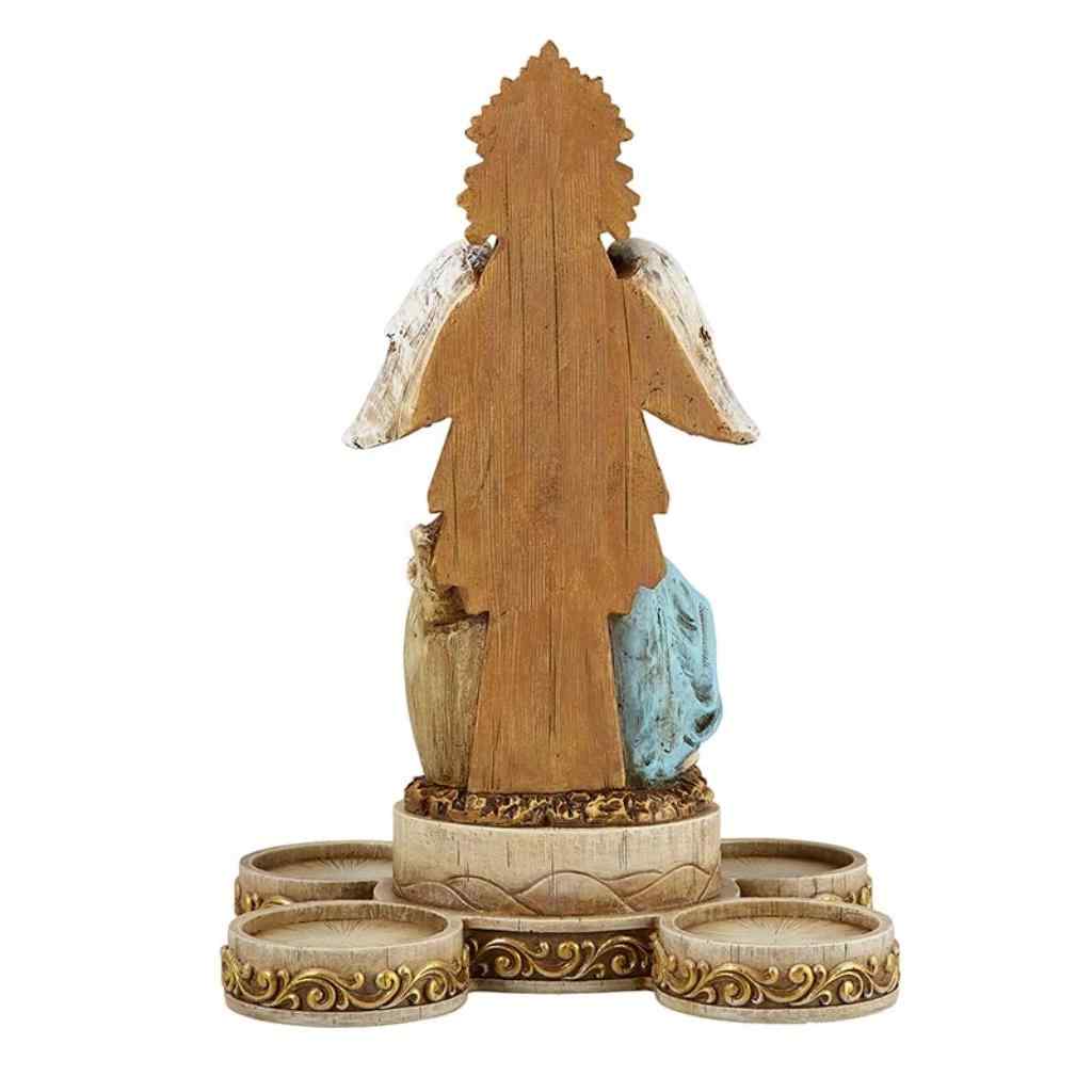 Back of the Holy Family and Angel Advent candle holder presents an artfully crafted depiction of the Joseph, Mary, Christ Child and Angel, Avalon Gallery (view 2)