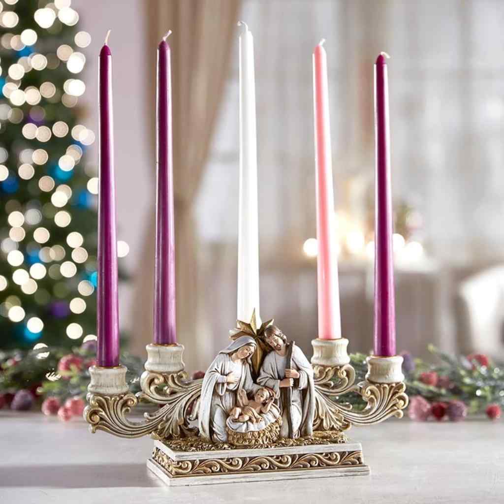 Resin nativity scene with Joseph, Mary and Baby Jesus with intricate design Advent candleholder, arrives gift-boxed. (view 3)