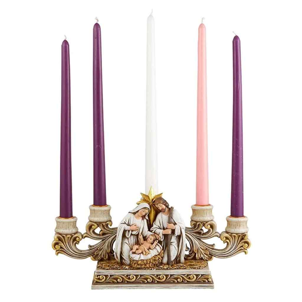 Font of a Resin nativity scene with Joseph, Mary and Baby Jesus with intricate design Advent candleholder, arrives gift-boxed. (view 1)