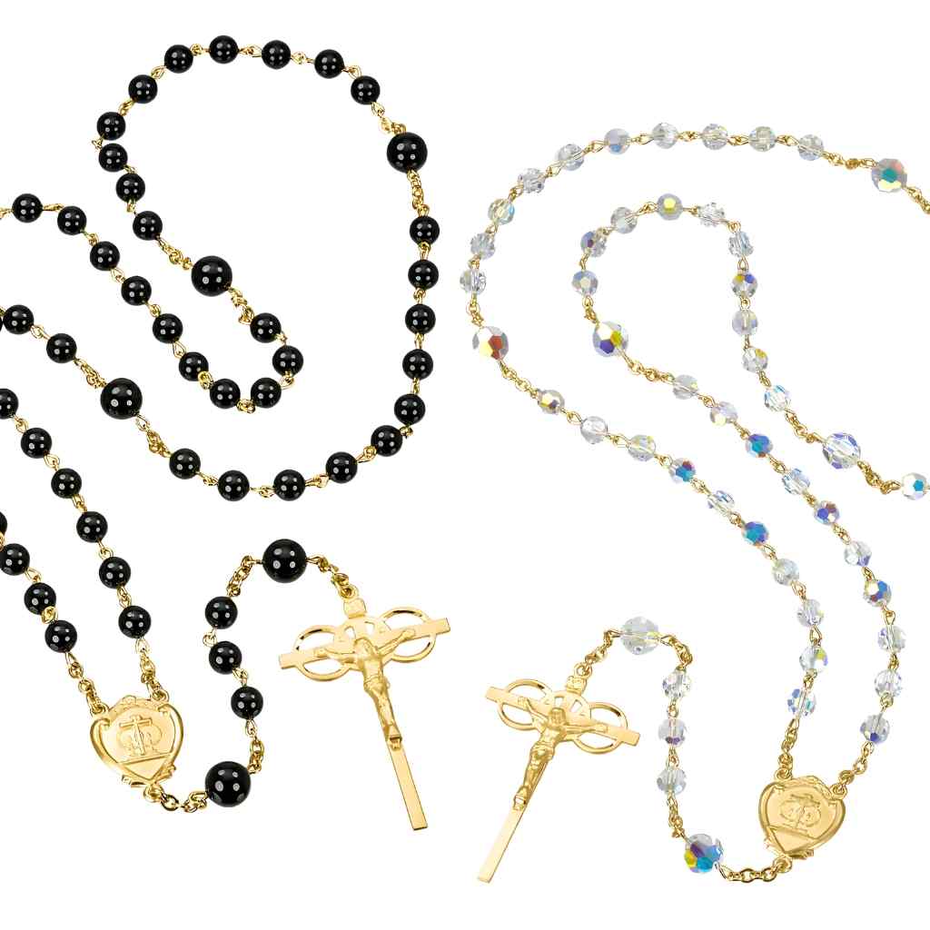 His and Her Gold Over Brass Crystal and Onyx Bead Wedding Rosary Set