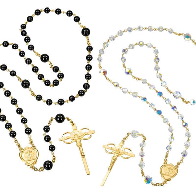 His and Her Gold Over Brass Crystal and Onyx Bead Wedding Rosary Set