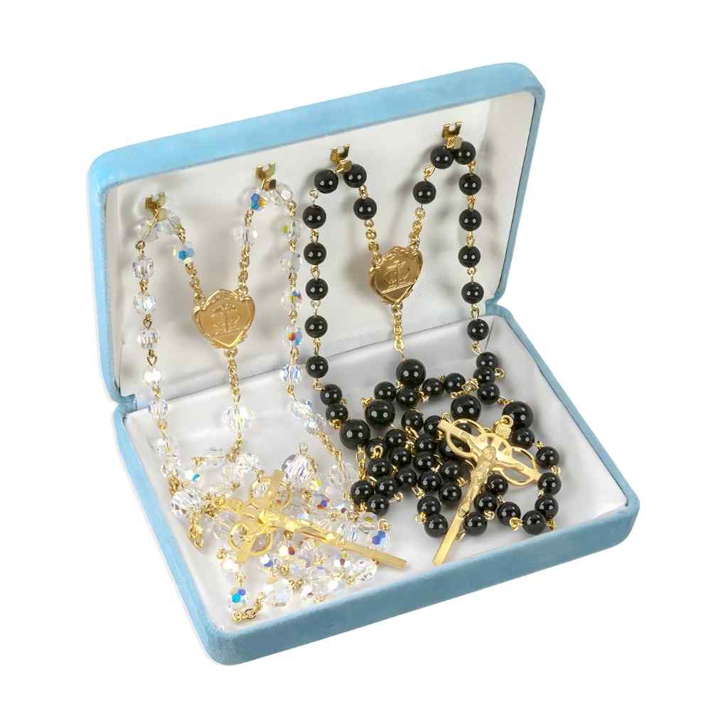 His and Her Gold Over Brass Crystal and Onyx Bead Wedding Rosary Set in gift box