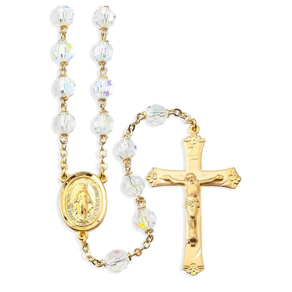 7mm Crystal Czech Aurora Bead Gold over Sterling Silver Rosary with oval Miraculous medal center and flower tip crucifix  in gold over sterling silver