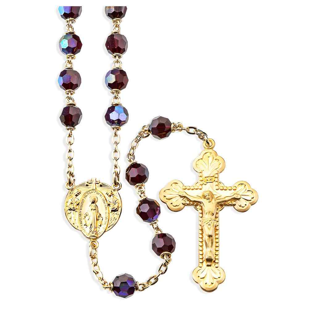 Garnet 7mm Crystal Czech Aurora Bead Gold over Sterling Silver Rosary with oval Miraculous medal with angels center and budded tip crucifix  in gold over sterling silver