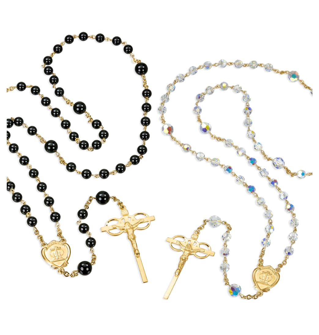 HMH Gold/Sterling Crystal and Onyx Bead Wedding Rosary Set