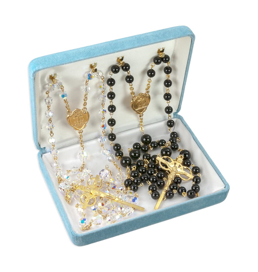 HMH Gold/Sterling Crystal and Onyx Bead Wedding Rosary Set in Box