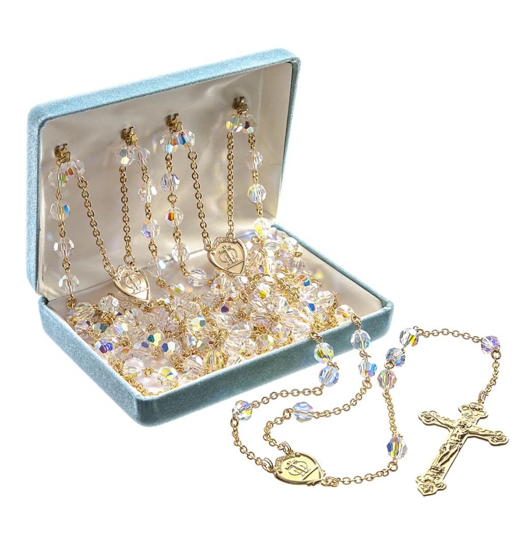 HMH Religious Gold/Sterling Silver Crystal Lasso Wedding Rosary in Gift Box,