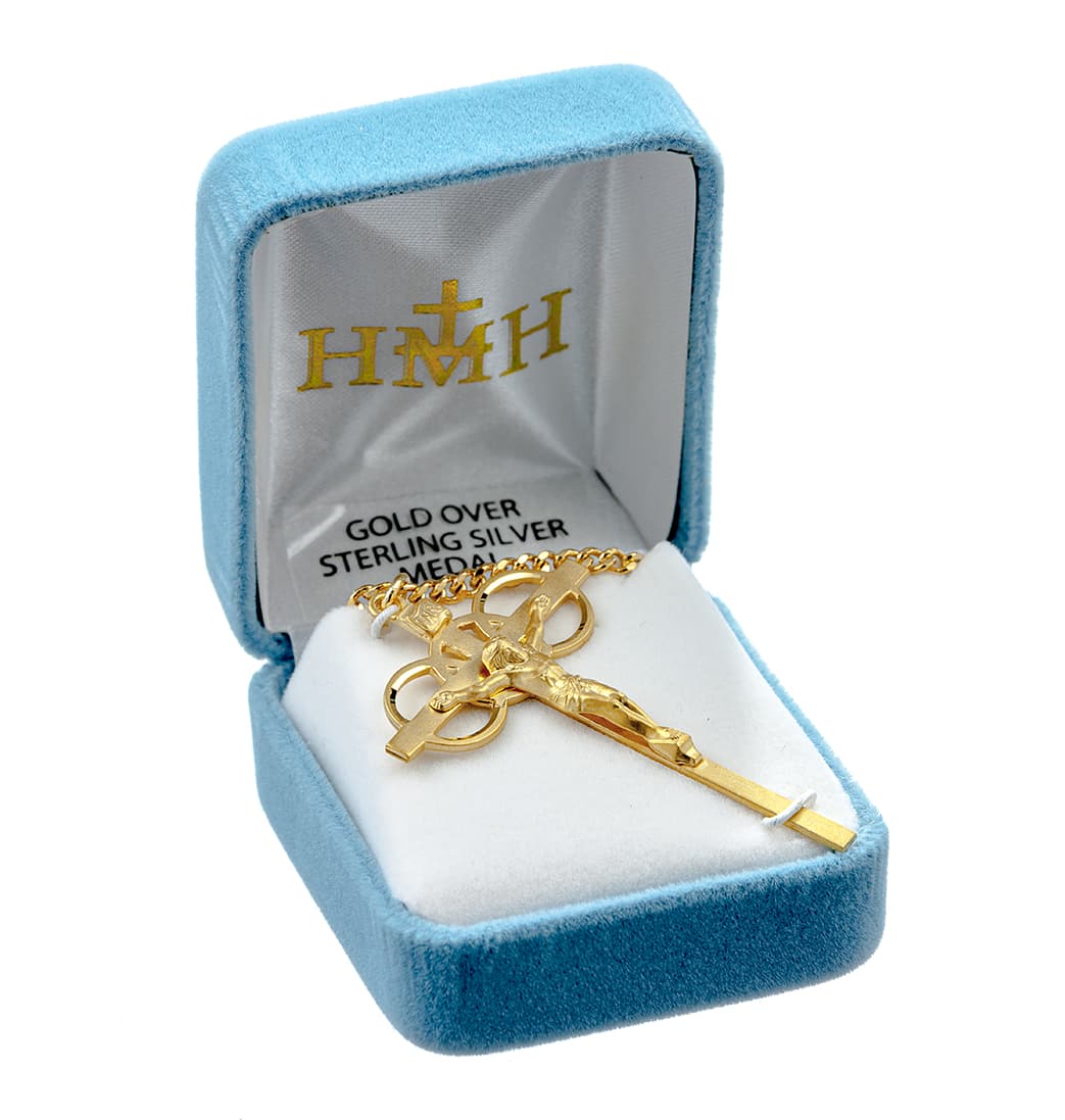 HMH Religious Three Ring Gold/Sterling Silver Wedding Crucifix in Box,