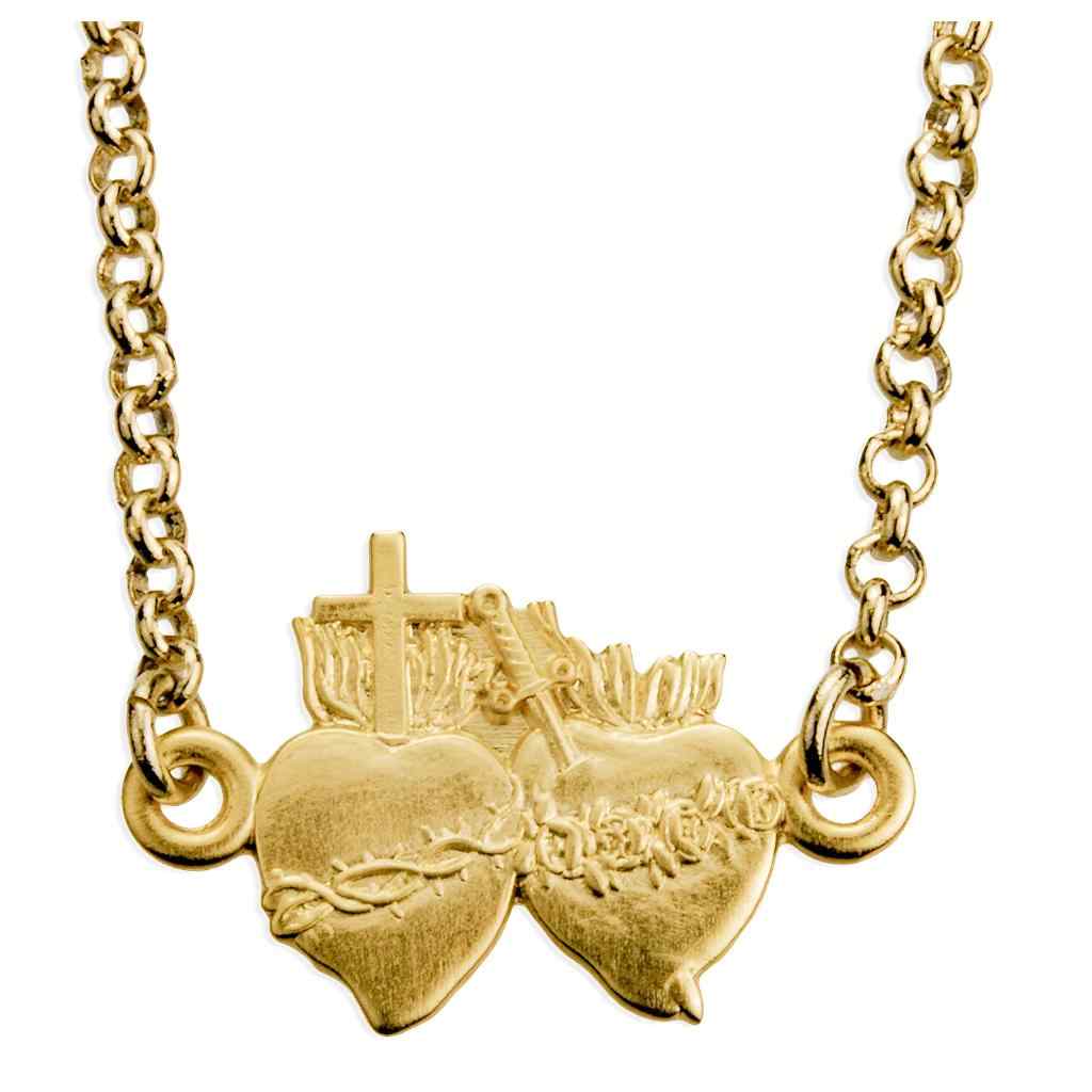 Most Sacred Heart of Jesus and the Immaculate Heart of Mary 16kt gold over sterling silver pendant with 18" gold-plated rolo chain (view 1)