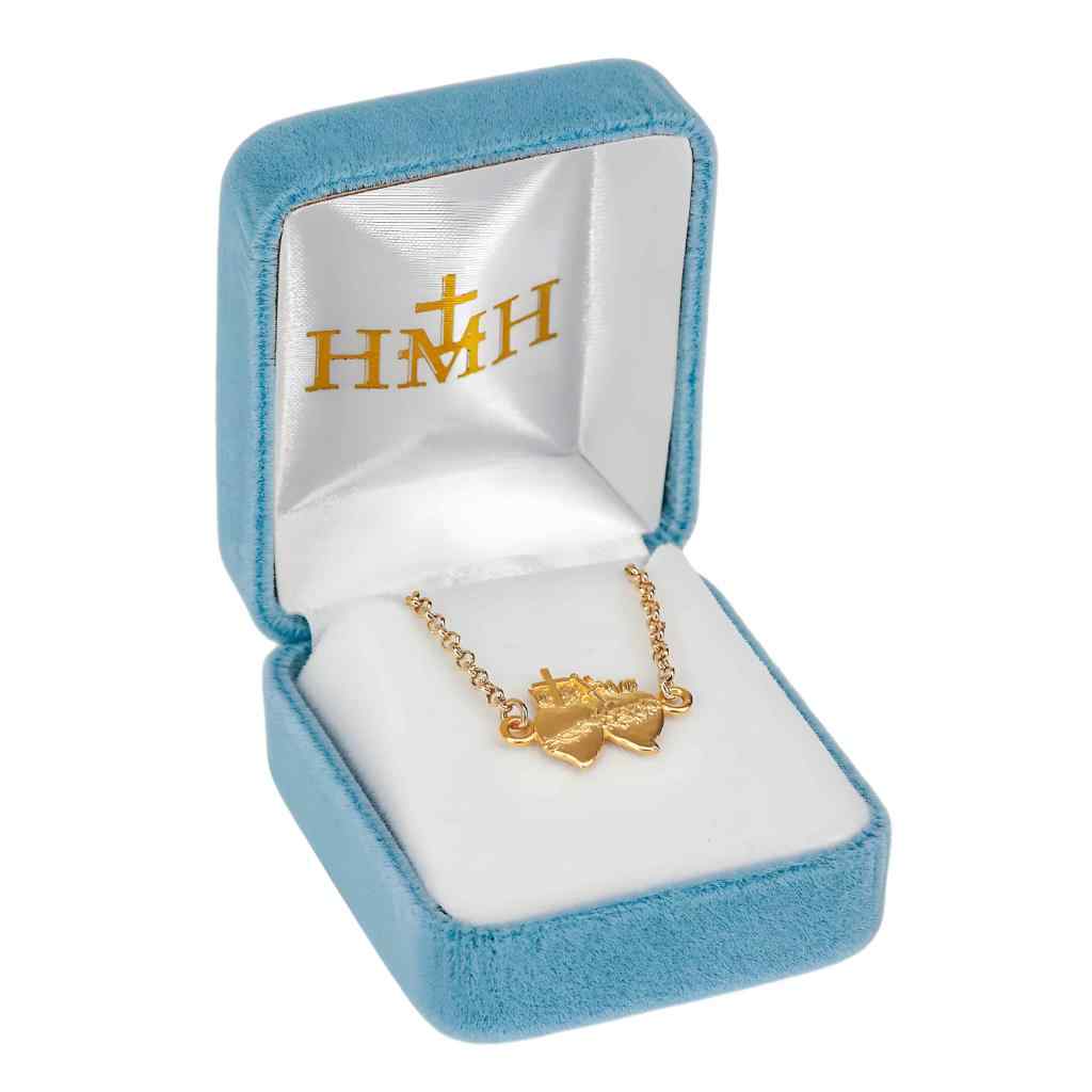 Most Sacred Heart of Jesus and the Immaculate Heart of Mary 16kt gold over sterling silver pendant with 18" gold-plated rolo chain in gift box (view 2)