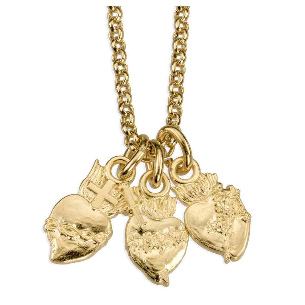 Scared Heart of Jesus, the Immaculate Heart of Mary, and the Chaste Heart of Joseph 16kt gold over sterling silver pendant with 18" gold-plated rolo chain (view 1)