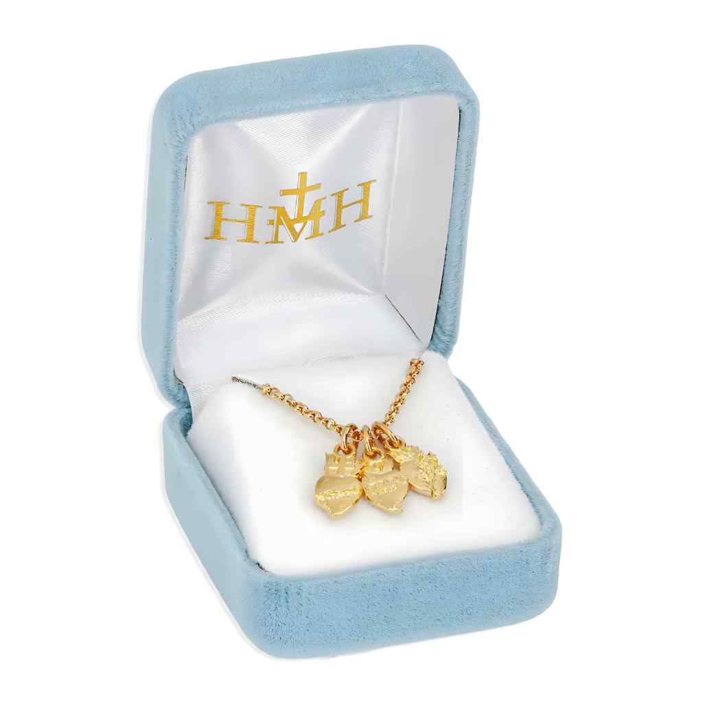 Scared Heart of Jesus, the Immaculate Heart of Mary, and the Chaste Heart of Joseph 16kt gold over sterling silver pendant with 18" gold-plated rolo chain in gift box (view 12