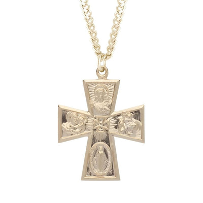 gold over sterling silver Gothic four-way cross medal with 24" gold-plated chain necklace, Measures 1.2" x 0.9", HMH Religious