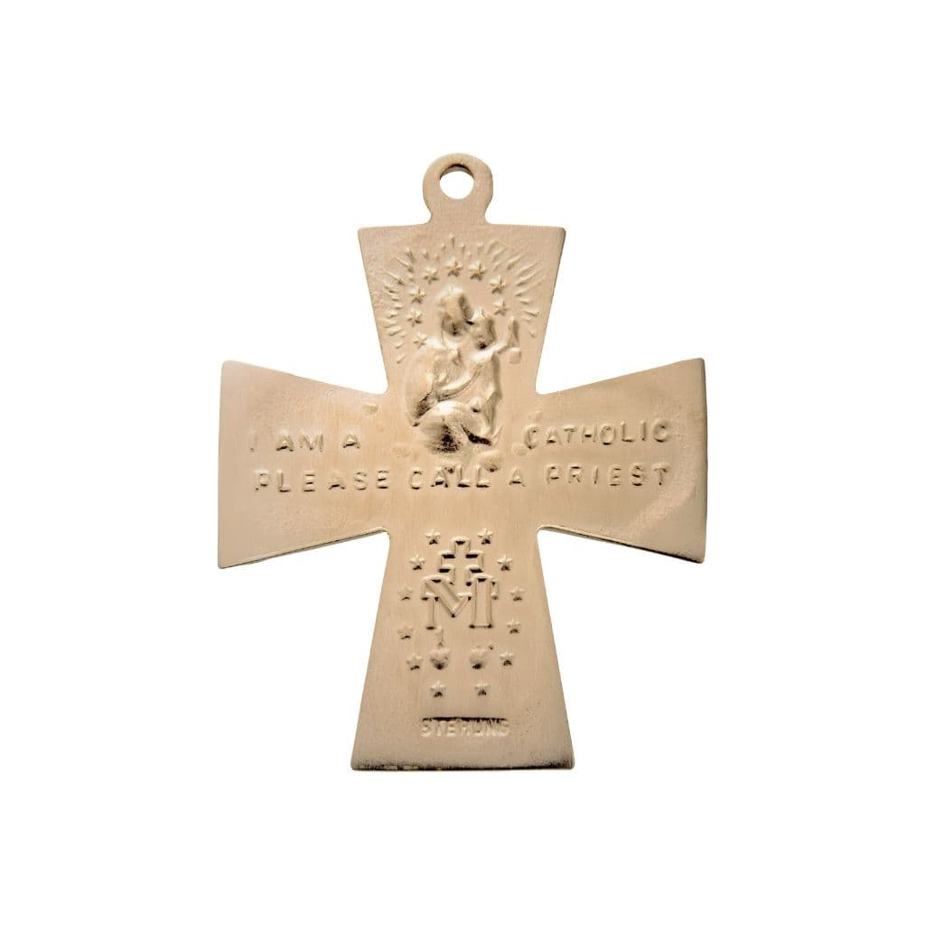 Back of HMH Religious gold over sterling silver Gothic four-way cross medal with gold-plated chain necklace, Measures 1.2" x 0.9".