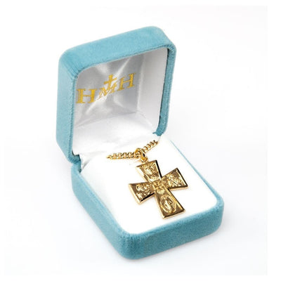 In Gift Box gold over sterling silver Gothic four-way cross medal with gold-plated chain necklace, Measures 1.2" x 0.9", HMH Religious
