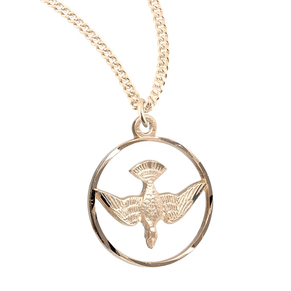 HMH Religious Open Circle with Holy Spirit Dove Gold Sterling Silver Medal Necklace with Stainless Steel 18" Chain. 