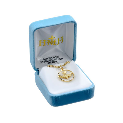 Open Circle with Holy Spirit Dove Gold Sterling Silver Medal Necklace with Stainless Steel 18" Chain. Comes in gift box, HMH Religious