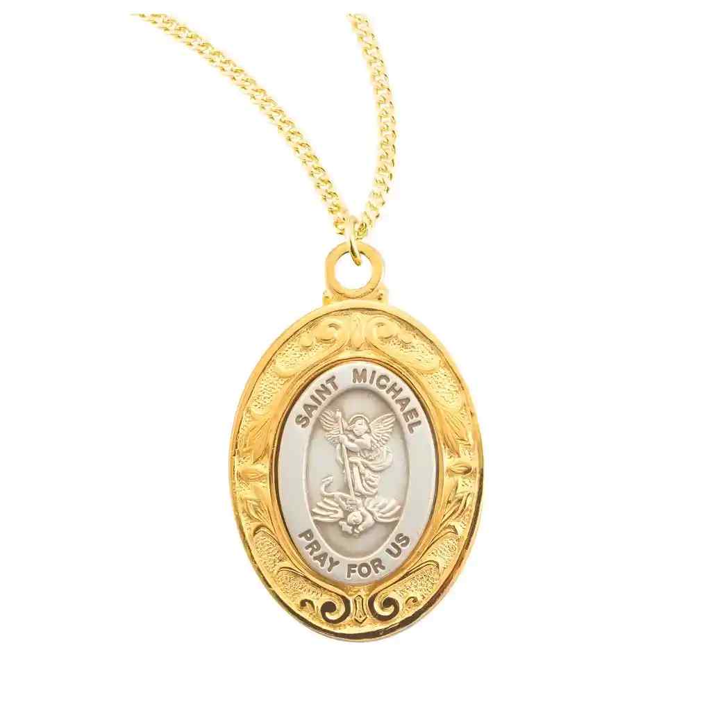 St. Michael the Archangel sterling silver medal with a 16kt gold over sterling frame necklace. Made in USA by HMH Religious with gold-plated chain (view 1)