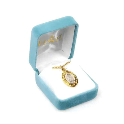 St. Michael the Archangel sterling silver medal with a 16kt gold over sterling frame necklace. Made in USA by HMH Religious with gold-plated chain in deluxe gift box (view 2)