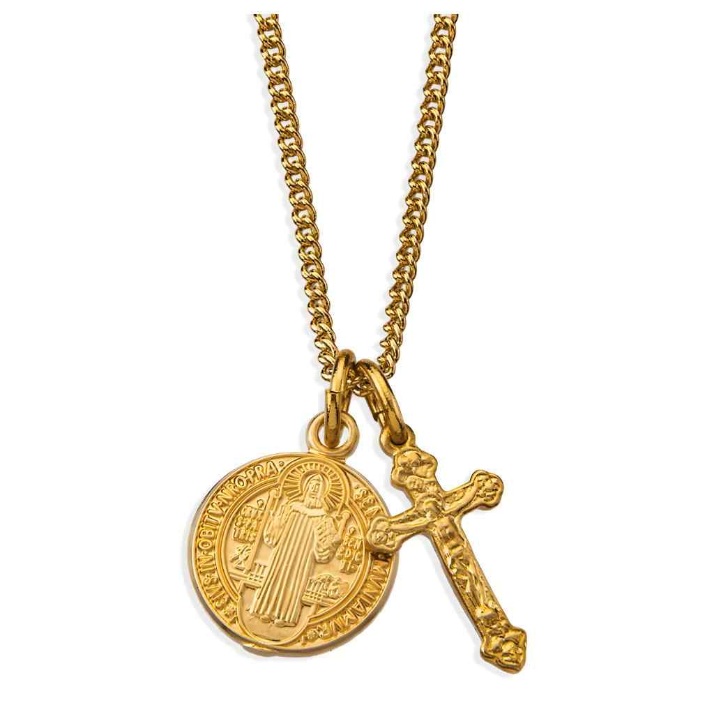 St. Benedict & Crucifix Gold over Sterling Silver Medal Necklace with a 18-inch chain and gift box, HMH Religious