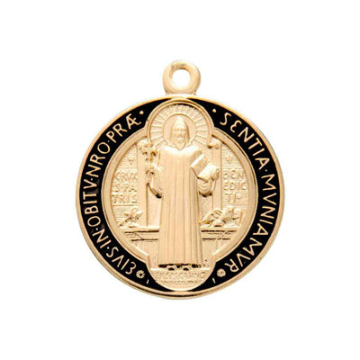 Front of the HMH Religious St. Benedict Epoxy Black & Red Round Gold over Sterling Medal (view 2)