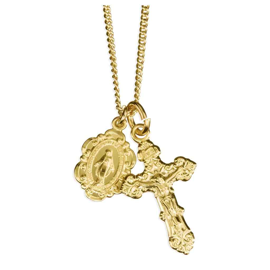Baroque Style Miraculous and Filigree Crucifix Pendant Set, Gold over Sterling Silver with 18" Gold-plated Chain, HMH Religious (view 1)