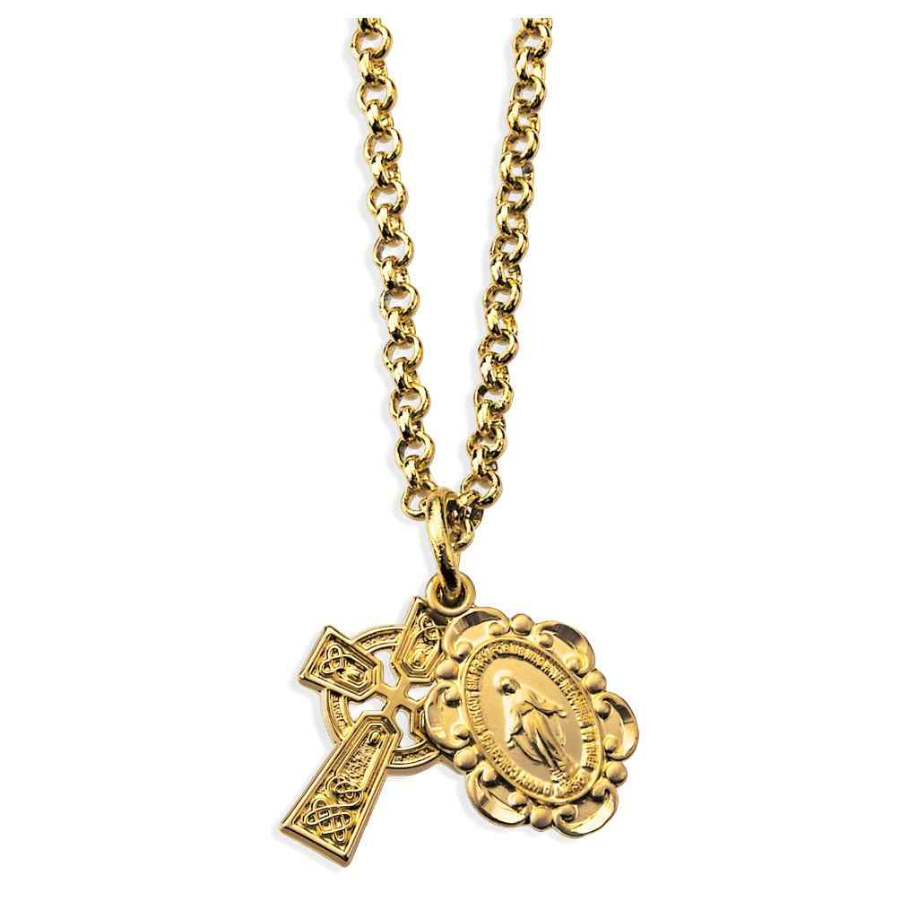 Baroque Style Miraculous & Irish Celtic Cross Gold over Sterling Silver Medal Necklace with a 18-inch chain and gift box