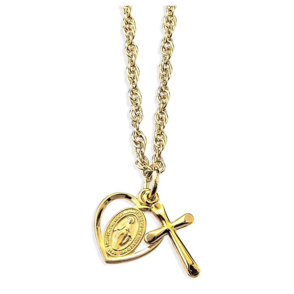 High Polished&nbsp;Cross and Heart Miraculous Pendant Set, Gold over Sterling Silver with Chain, HMH Religious