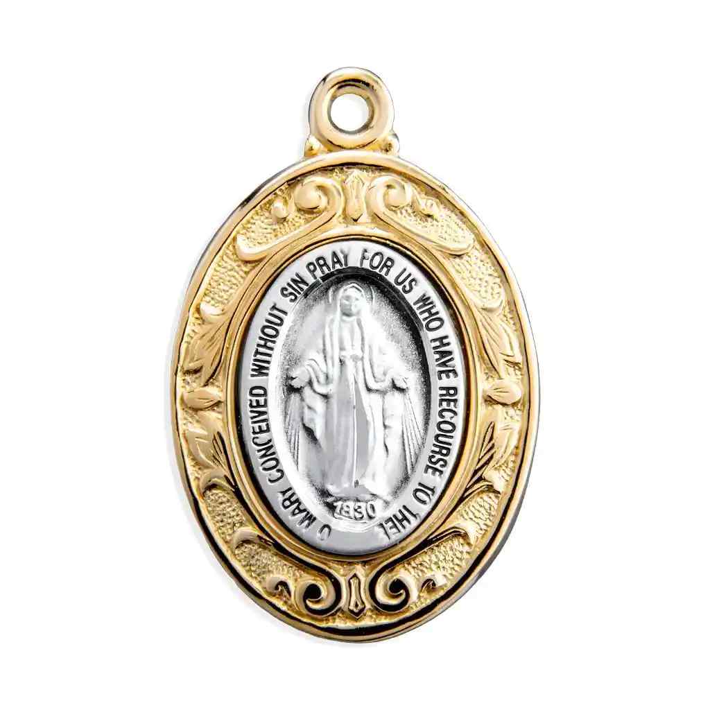Front of the Miraculous sterling silver oval medal with a 16kt gold over sterling frame necklace. Made in USA by HMH Religious, deluxe gift box (view 2)