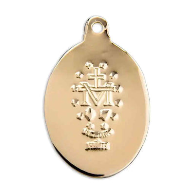 Back of the Miraculous sterling silver oval medal with a 16kt gold over sterling frame necklace. Made in USA by HMH Religious, deluxe gift box (view 3)