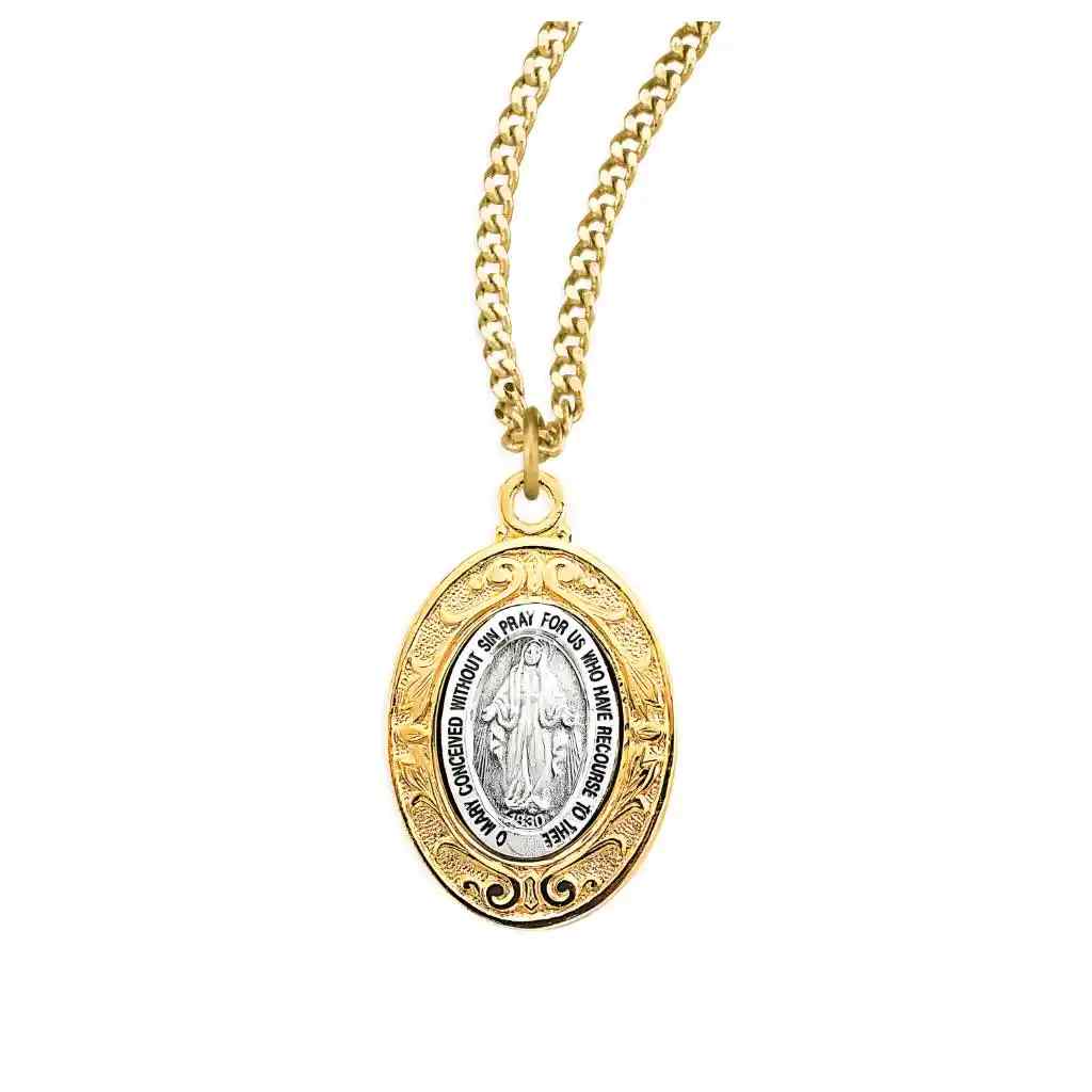 Miraculous sterling silver oval medal with a 16kt gold over sterling frame necklace. Made in USA by HMH Religious with gold-plated chain (view 1)
