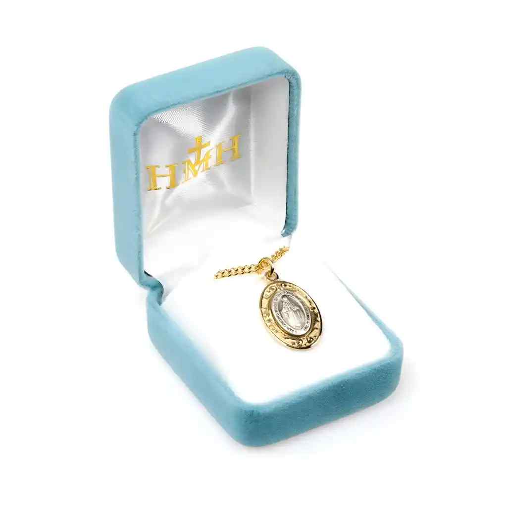 Miraculous sterling silver oval medal with a 16kt gold over sterling frame necklace. Made in USA by HMH Religious with gold-plated chain in deluxe gift box (view 4)
