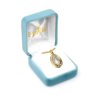 Miraculous sterling silver oval medal with a 16kt gold over sterling frame necklace. Made in USA by HMH Religious with gold-plated chain in deluxe gift box (view 4)