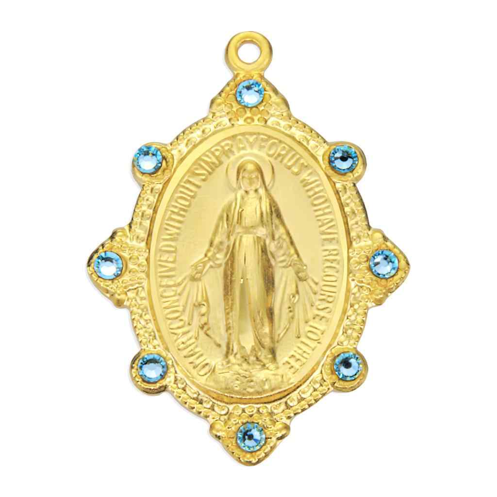 Front of Miraculous Gold and Sterling Silver Necklace with Light Sapphire Austrian Crystals, HMH Religious (view 2)