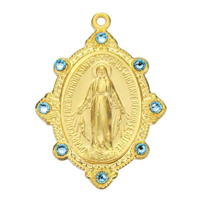 Front of Miraculous Gold and Sterling Silver Necklace with Light Sapphire Austrian Crystals, HMH Religious (view 2)