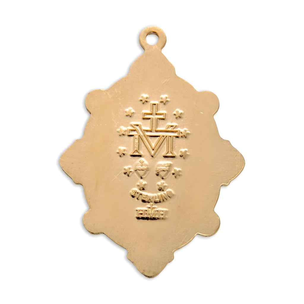 Back of the Miraculous Gold and Sterling Silver Necklace with Light Sapphire Austrian Crystals, HMH Religious (view 3)