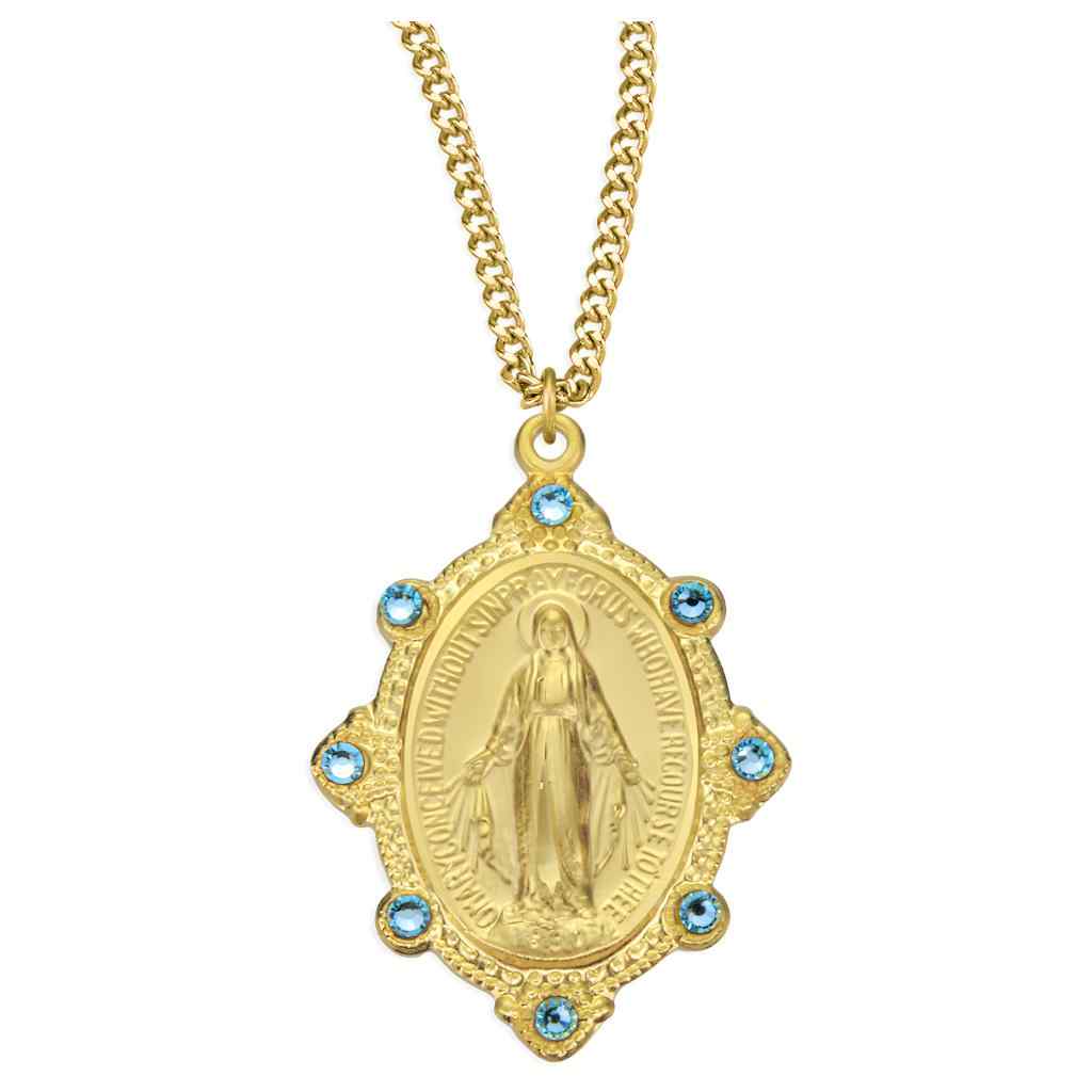 Miraculous Gold and Sterling Silver Necklace with Light Sapphire Austrian Crystals on 18-inch Chain, HMH Religious (view 1)