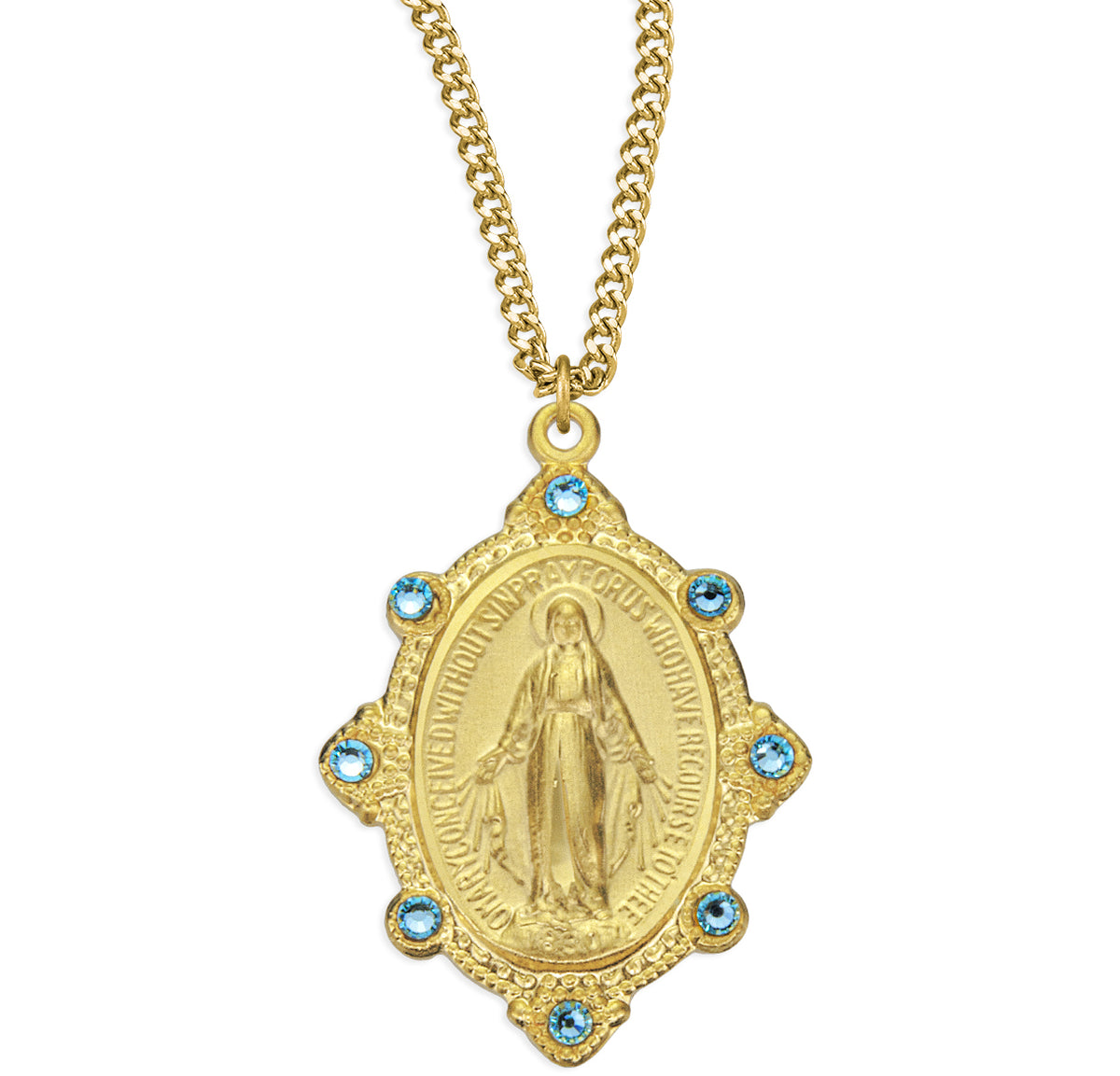 HMH Religious Miraculous Gold/Sterling Silver Sapphire Austrian Crystal Necklace