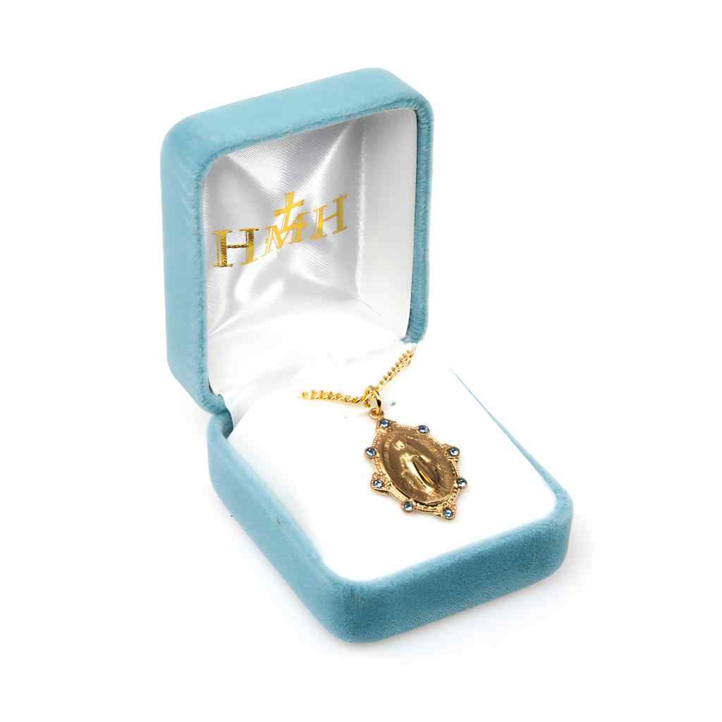 Miraculous Gold and Sterling Silver Necklace with Light Sapphire Austrian Crystals on 18-inch Chain in gift box, HMH Religious (view 4)