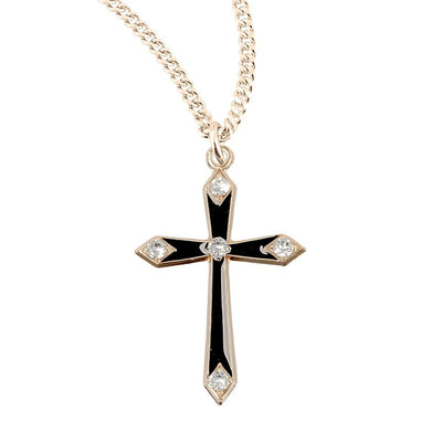 Flared Black Epoxy w/5 Crystals Gold/Sterling Cross, GS3776BKX, HMH Religious