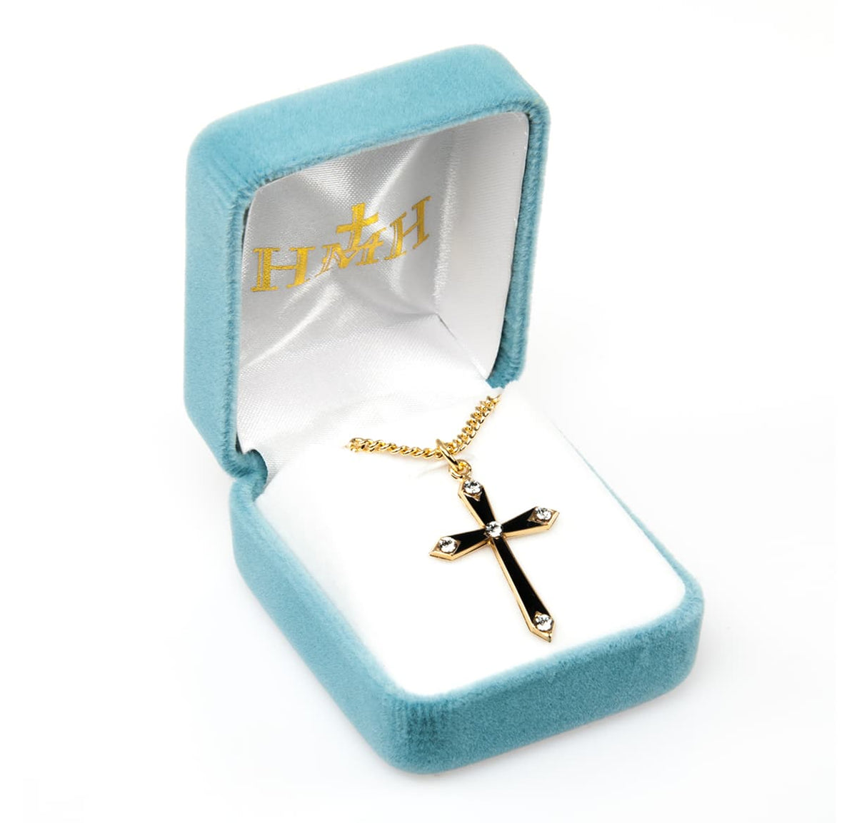 HMH Religious Flared Black Enameled w/5 Crystals Gold/Sterling Cross in Gift Box,