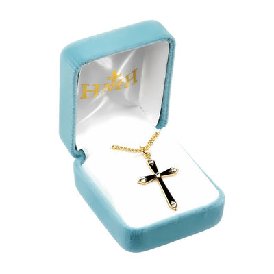 Flared Black Epoxy w/5 Crystals Gold/Sterling Cross in Gift Box, HMH Religious